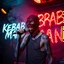 Placeholder: a very thin swedish man, with a skimask with only a hole for the mouth (no eyes), he is called "KEBAB MAN" performing at death metal club, his name is "KEBAB MAN" kebab rolls On stage, kebab Neon lights and smog, and "KEBAB MAN" big sign on the wall, kebab tribal tattooes, spinning kebab machines, flames and smoke, chaos, he singing with mic,