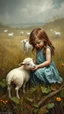 Placeholder: A girl playing with one small sheep in a forgotten battlefield overrun by vegetation, cutesy tiktok detailed oil painting, grainy, old style