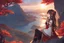 Placeholder: woman with long brown hair, red eyes, pale skin, highly detailed, intricate background, intricate face, sitting on a cliff during sunset, contemplative, anime style, Genshin Impact inspired, wears a Genshin Impact, pyro vision bracelet, dynamic composition