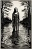 Placeholder: create a deeply powerful tragic, heart wrenching, and evocative, full body woodcut of the Lady of the Lake, with highly detailed and deeply cut facial features, in the style of KATHE KOLLWITZ , searing lines and forceful strokes