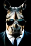 Placeholder: Portrait of an {Angry Rhino} wearing a {Black} suit and sunglasses, {black} color background, realistic photography, shot on Sony dslr camera, Fujifilm --s 250