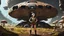 Placeholder: A skinny 50-year-old woman standing, hands on hips, in brown shorts, shirt, and boots, standing next to a squat cargo spaceship, sitting in a clearing, in a derelict alien town with mushrooms and fungi.