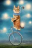 Placeholder: A pedaling cat riding a bicycle is flying at night in the sky over tall buildings.