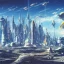 Placeholder: Spaceport on a heavy industrialized planet with a vibrant city in the background and a starting spaceship in the foreground, art by John Berkey, buildings with glass facades, insanely detailed, vibrant, 8k uhd, cinematic atmosphere, ultra-wide angle, street level view, brush strokes, blue sky with clouds, sharp focus