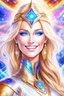 Placeholder: cosmic woman smile,galactic fédération, admiral from the future, one fine whole face, crystalline skin, expressive blue eyes,rainbow, smiling lips, very nice smile, costume pleiadian, Beautiful tall woman pleiadian Galactic commander, ship, perfect datailed golden galactic suit, high rank, long blond hair, hand whit five perfect detailed finger, amazing big blue eyes, smilling mouth, high drfinition lips, cosmic happiness, bright colors, blue, pink, gold, jewels, realist, high,ufo,birds rainbow,