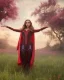 Placeholder: Feiticeira escarlate, Elizabeth Olsen, feiticeira, magia, rosto detalhado belo, bonita, cenário em um campo de flores, cinematográfico, dramático, por do sol, campo de flores, cores frias