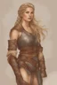 Placeholder: A drawing of beautiful woman with blond hair, viking braids Brown leather armor.