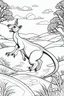Placeholder: Illustrate a vibrant scene of a kangaroo hopping happily across the Australian outback, clean line art, white background, no shadows, black and white coloring book.