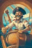 Placeholder: a cheerful sailor sitting on rum barrels aboard a sailing ship at sea, with the ship's steering wheel in the background