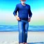 Placeholder: beautiful, smooth, realistic, Russian male, 70 y/o boy, beach background, face, jeans, slim, extremely sharp detail, finely tuned detail, ultra high definition, 8k, unreal engine 5, ultra sharp focus, smile teeth, happy