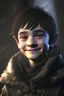 Placeholder: Young male lightfooted halfling, pathfinder universe, side fringe black hair, winter clothing, trickster, full body, young noah schnapp face, round baby face, friendly smile, 4k image, 32k, super resolution, Pro Photo RGB, backlighting, dramatic lighting, soft lighting, volumetric, Conte-Jour, global illumination, screen space global illumination , Scattering, Shadows, Rough, Glossy, Lumen reflections, Screen space reflections, Chromatic aberration, GB-shift, Scan lines, Ambient