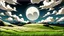 Placeholder: giant virtual moon, maximum quality, centered on frame, far view, in the middle of a grassy hill, white sky with cumulonimbus, manga