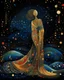 Placeholder: No corners drawing lines dots Kandinsky A full-body pretty African Asian moon goddess draped in flowing celestial fabric walks on water beneath a glowing full moon. Her gown unfurls like clouds, catching starlight and golden dust in the night air. The scene is surreal and divine, with painterly textures and a balance of shadow and illumination vertical Award winning imagery trompe l'oeil 3D surrealism masterpiece of Odilon Redon's dreamlike surrealism. kintsugi painting of abstract squares creat