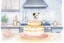 Placeholder: birthday cake, chibi dog in a beautiful kitchen, heart and love in the sunshine, watercolor and black ink outlines, sparkling golden glitter, ethereal, cinematic postprocessing, bokeh, dof