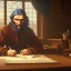 Placeholder: leonardo da vinci works in his study on a laptop at his desk. painting in photoshop. hyperdetailed, warm colors, movie poster, photoillustration, oil on canvas, lens flare