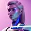 Placeholder: A portrait of a crystalised robot samurai, atmospheric, blond long hair, blue eyes, realistic, unreal engine cosmic galactic, cinematic lighting, octane render, transparent,bleu pink light, Horse tail, cristal goutte rose sur le front