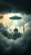 Placeholder: A ufo hovering above the White house hovering above swirling clouds, emerges from the heart of a raging storm. Turbulent winds of steam swirl around the iconic structure, lit by shafts of sunlight that cast dramatic shadows on the A large UFO spacecraft hovering over the White House surrounding clouds. A storm rages and thunder lights up the dark sky, yet the mosque remains calm and quiet, its green dome a beacon of peace in the midst of chaos.