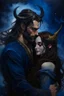 Placeholder: Painting, Beard, dark hair, demon prince, horns, handsome, mysterious, gentle, embracing a beautiful woman with long dark hair, starry night