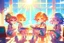 Placeholder: cute chibi holographic girls and boys sitting in the classroom in sunshine