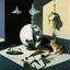 Placeholder: Abstract painting formed by a mix of human flesh-like surgical instruments and universe-like neuralink, a cat looking at a pigeon inside a huge bulb between light and shadow at dusk,surrealism,minimalism,Painting By Adrian Ghenie, Rene Magritte, Salvador Dali, Lucian Freud