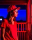 Placeholder: woman with a red baseball hat. leaning on a wooden balcony. night time. fantasy. studio lightining.