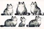 Placeholder: collection of six whimsical cat illustrations. They are drawn in a simplistic, cartoonish, Disney style, each with unique features and postures. The cats vary in size, with some appearing chubby and others slender. They possess a range of facial expressions, from content to curious. The cats are positioned in various orientations, with some facing upwards, others sideways, and one lying down. The overall color scheme is monochromatic, primarily in black and white, giving the illustrations a play