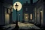 Placeholder: A chillingly eerie cartoon-style image of courtyard, , moonlight, lamppost,