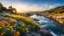 Placeholder: desktop wallpaper ,Turkey istanbul kus adasi,country side wavy rocky river ,wild flowers,blue sky nice clouds,golden hour