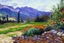 Placeholder: Mountains, sunny day, cloids, stone wall, flowers, pathways, grass, vegetations, distant trees, impressionism painting