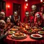 Placeholder: Photograph of a happy year-end dinner of a clique of zombie creatures in hypermaximalist style, photorealism