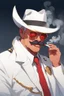 Placeholder: An old male crimson red demon wearing a white and gold police comisioner outfit, he is also wearing glasses, he has a white scruffy mustache, and a small black fedora, he also smoking a cig.