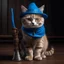 Placeholder: a cat with a sword and blue hat wearing boots