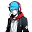 Placeholder: Arachno-Mix's appearance is a blend of retro and futuristic elements: Headwear: He wears a black beanie and a redhood mask with a blue bandana covering the lower half of his face. Hairstyle: Arachno-Mix has a unique mullet and ponytail combination. Accessories: White and blue headphones adorn his neck. Suit: His suit combines the top part of William Braddock's suit with the bottom half from the PS4 Spider-Man, featuring blue accents.