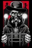 Placeholder: man with hat (wide and flat brim and a flat top) shading face, wearing a gas-mask standing, beside an electric-chair, vignette, black and white graphic novel style with a red outline on black background, gothic horror