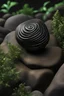 Placeholder: photorealistic , photo studio, close up of an handmade 3d black rock, painted with metallic fluorescent spiralling texture