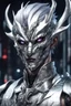 Placeholder: silver skinned anime Dragman cyberpunk with dragon mask in his eyes