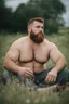 Placeholder: full figure photography, shy muscular big fat chubby, 35mm lens, burly italian man short hair, 27 years old sitting in the meadow near a big farm , red short beard, , hairy armpits, manly armpits, ugly, manly chest, hairy chest, big shoulders, , big belly, manly chest, shirtless, with boxer, emotive eyes, photorealistic , dim side light, ambient occlusion, side view, poetic composition, golden ratio