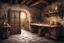 Placeholder: fantasy medieval kitchen with a table and an open door