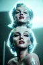 Placeholder: Ultra Realistic image, portrait, blonde woman, sweet Marylin Monroe face, perfect iris, glow eyes, makeup. Cyberpunk style, oversized transparent latex coat, yakuza tattoos. fog, rain, soft color, highly detailed, unreal engine 5, ray tracing, RTX, lumen lighting, ultra detail, volumetric lighting, 3d, finely drawn, high definition, high resolution.