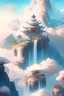 Placeholder: A serene mountaintop temple hidden amidst the clouds, overlooking a vast landscape with floating islands and waterfalls, evoking a sense of spiritual tranquility, Illustration, digital art with soft pastel colors