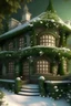 Placeholder: Ultimate details, ultra photorealism, ultra texture, 8k, art nouveau whimsical cottage, intricate details ivy, trees, snowing