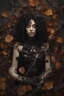 Placeholder: abstract creation of a beautiful girl with black curly hair, surrounded by black roses, thick metal chain broken, glass petals on the ground, autumn colours,dried out thorn bush, chaos,