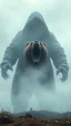 Placeholder: Heavy fog, huge angry hooded man appear in the sky , with big standing bear with open mouth