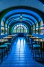 Placeholder: A restaurant whose outer walls are oval in shape and its interior is blue and its floor is light with a bar table in the middle of the restaurant in the shape of an oval containing 30 chairs and there are no windows in the restaurant