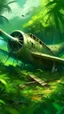 Placeholder: An old airplane crashed in rainforest covered with green bushes, Busch painting style nightmare