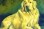 Placeholder: Golden retriever, impressionist oil on canvas by Paul Cézanne, 1887, broad brushstrokes, canvas relief