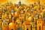 Placeholder: A yellowish orange colored constructed city with crystals painted by Diego Rivera
