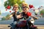 Placeholder: 3D video game characters, a short blonde haired man wearing eyeglasses, t-shirts and jeans riding a motorcycle , hungary, Budapest, hearts, happiness