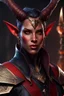 Placeholder: dnd character art of a tiefling warlock. high resolution cgi, short small horns, small delicate ears, red skin, unreal engine 6, high detail, intricate, cinematic.