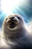 Placeholder: fluffy clouds, portrait of seal soaring like an angel through the clouds with a blessed smile, 4 k, down light, depth of field, trending art, spray paint, high detail